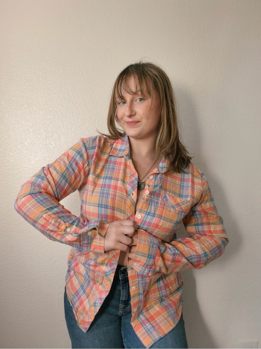 Eddie Bauer Orange & Red Plaid Button Up